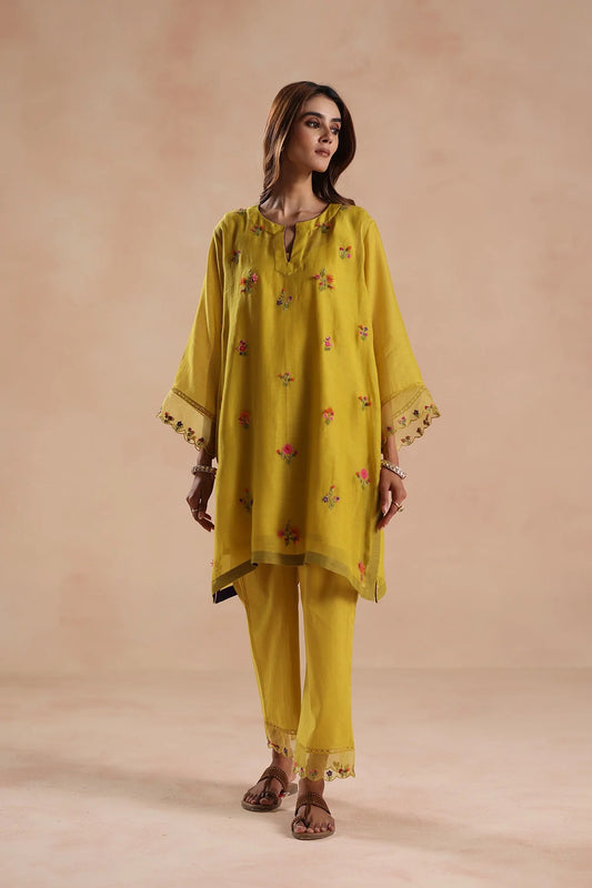 Gulbahar Mustard Yellow Chanderi Silk Floral Embroidered Kurta Pant Set