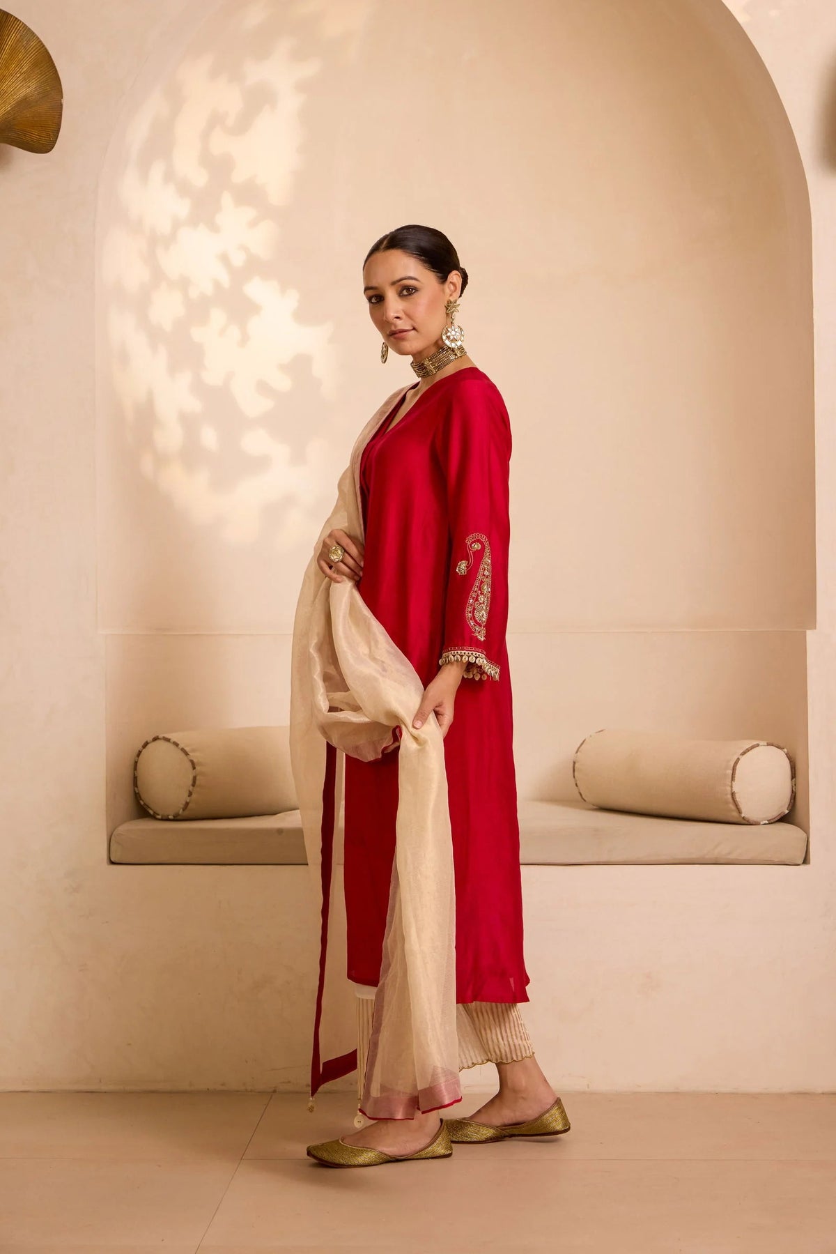 red chanderi kurta set with tissue dupatta