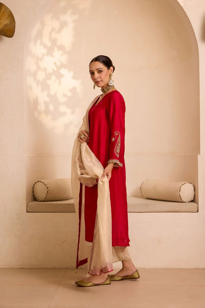 Red Chanderi Kurta Set with Tissue Dupatta