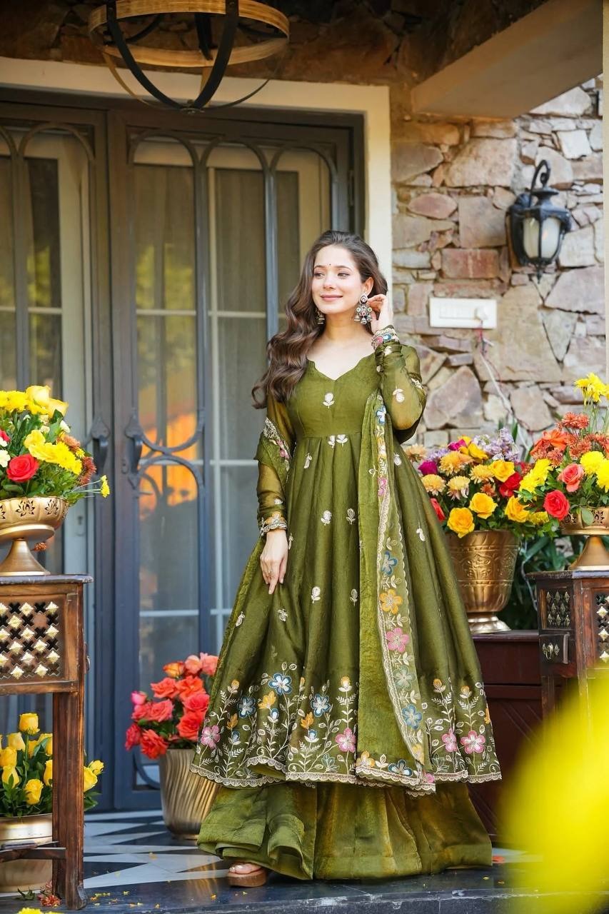 ishva floral crunchy silk anarkali premium suit set