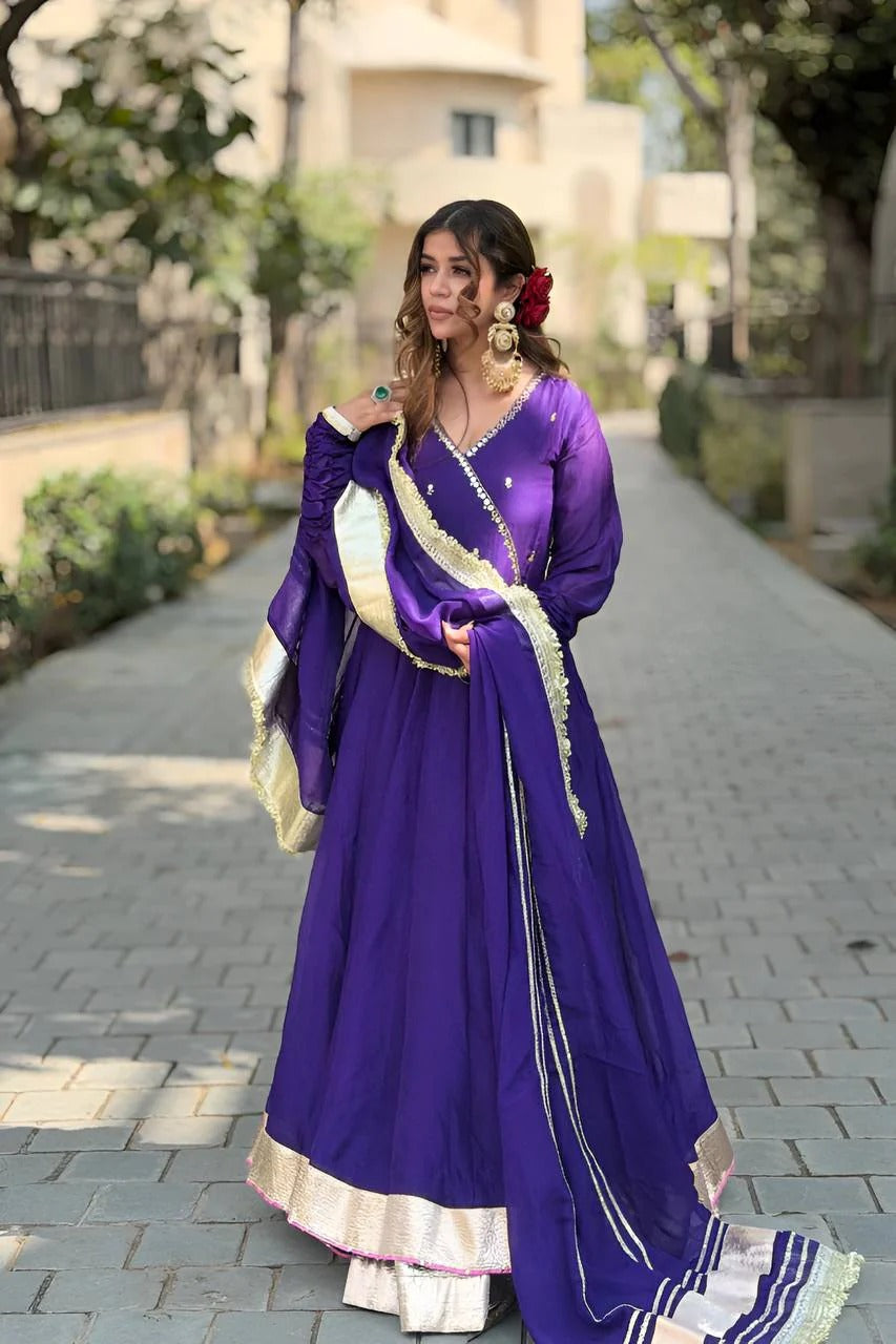 siya's royal purple elegant golden border anarkali suit set