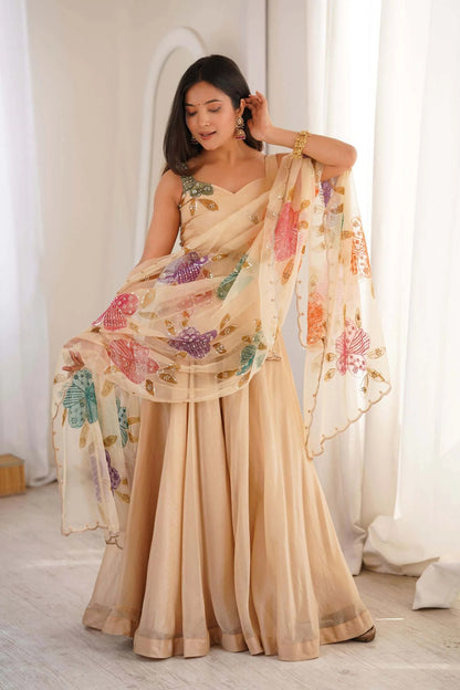 Champagne Beige Embroidered Kurta Set with Multicolor Organza Dupatta for Women