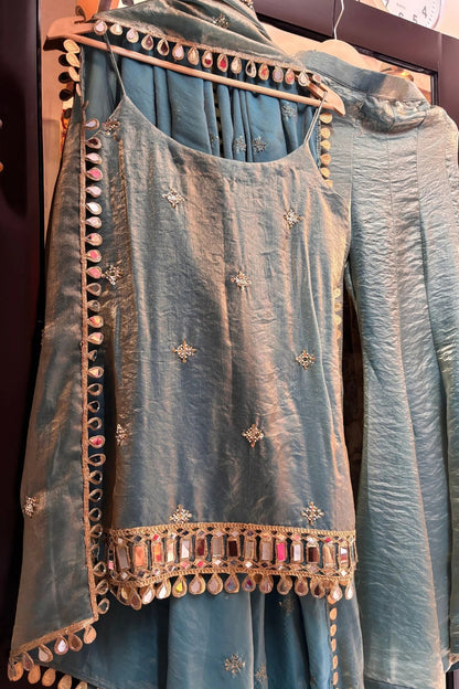 Sky Blue Embellished Sharara Set with Mirror Work Dupatta