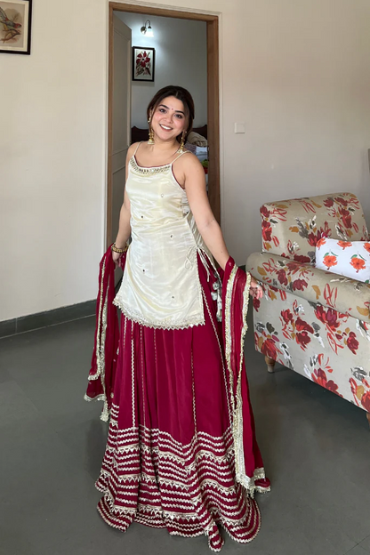 Elegant Ruby Red Sharara Suit Set with Ivory Embroidered Kurti