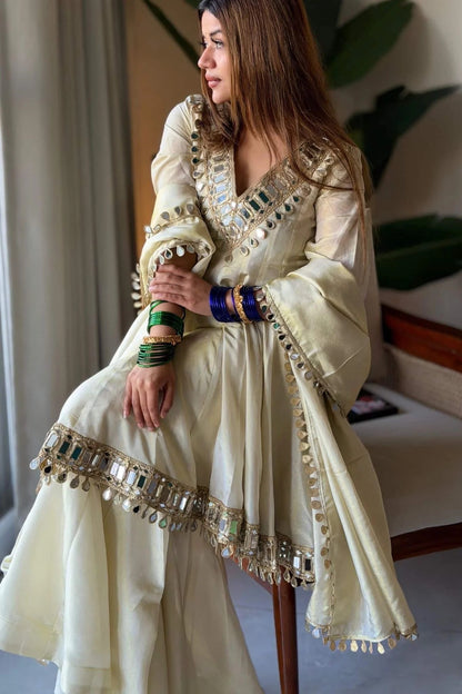Ivory Mirror Work Peplum Kurta Sharara Set with Dupatta | Elegant Festive & Wedding Wear