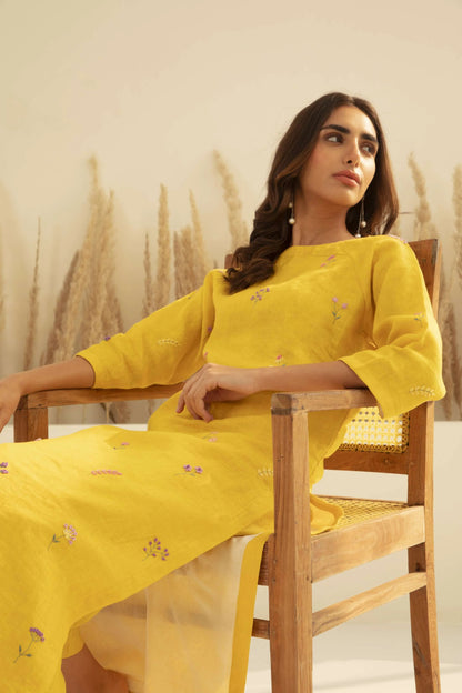 Yellow Mal Chanderi Embroidered Straight Kurta Set for Women