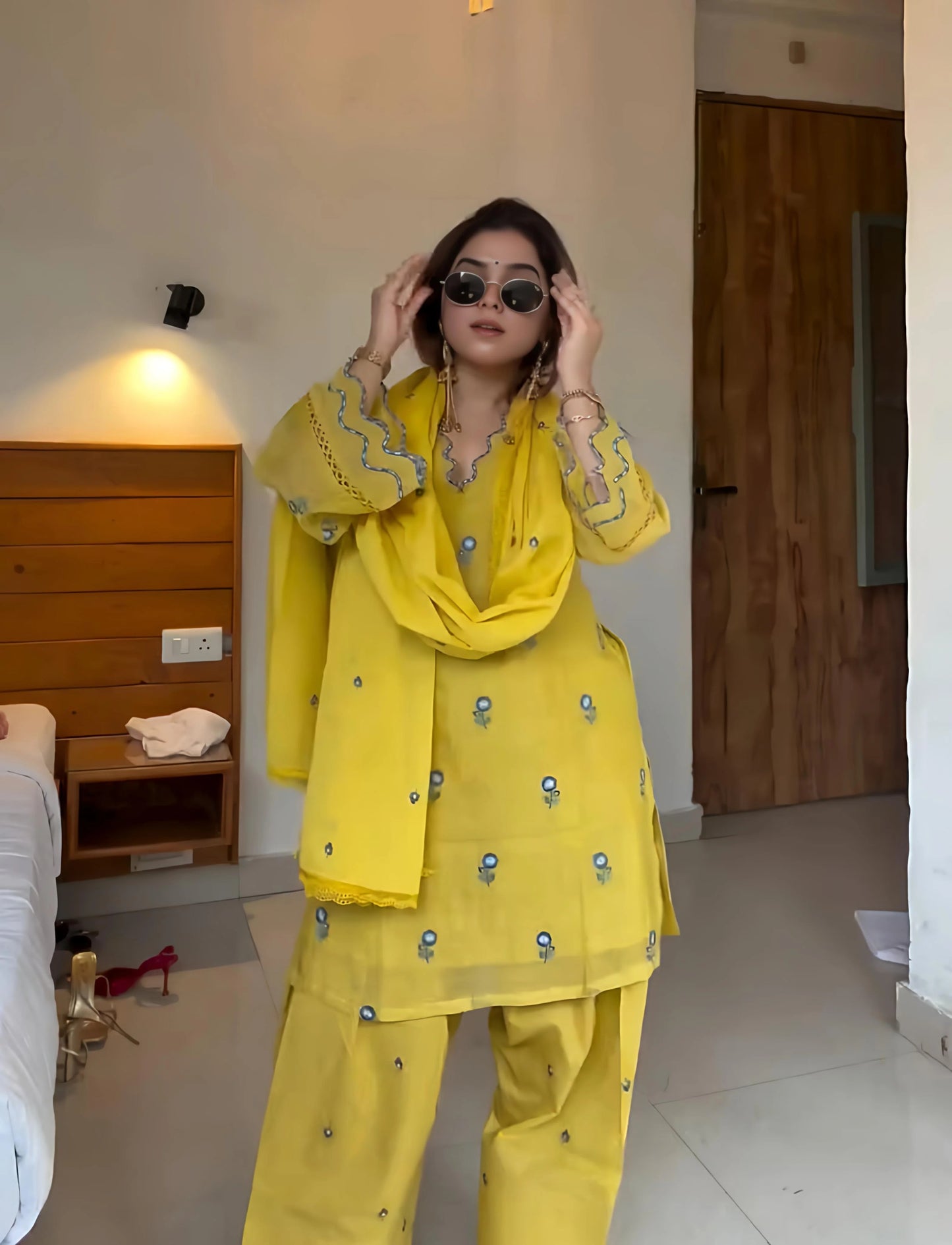 yellow embroidered chanderi kurta with farshi salwar