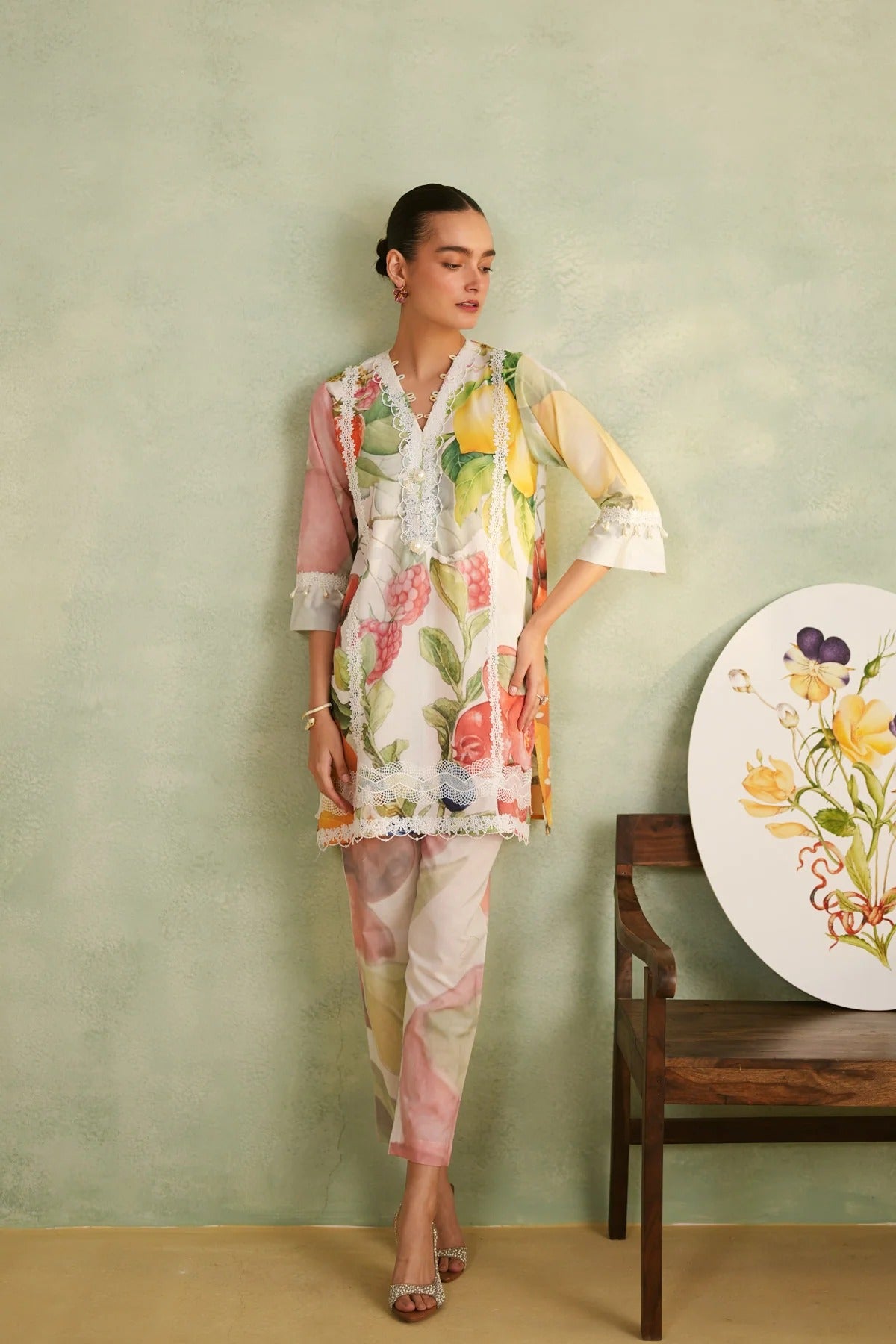 luxury fruit orchard floral print cotton suit set for women