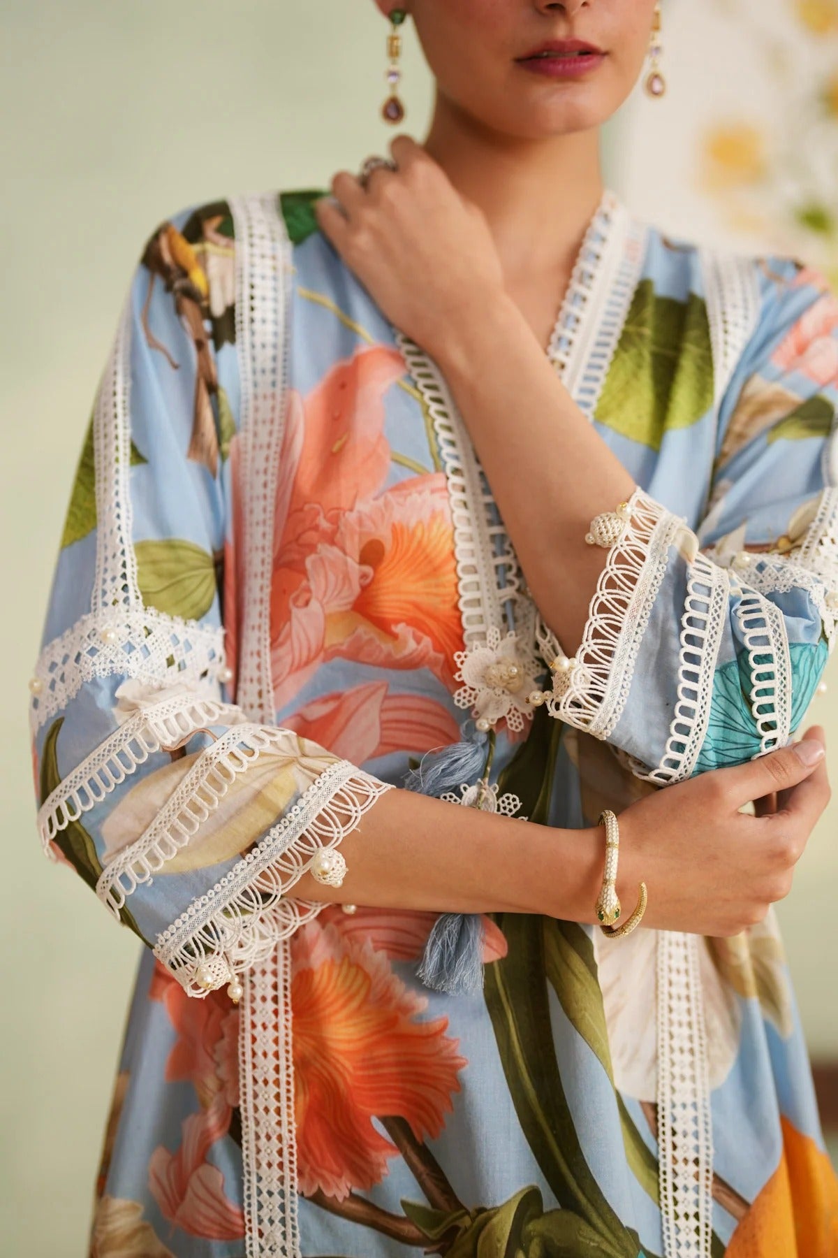 tropical bloom bird print cotton kurta pant dupatta set