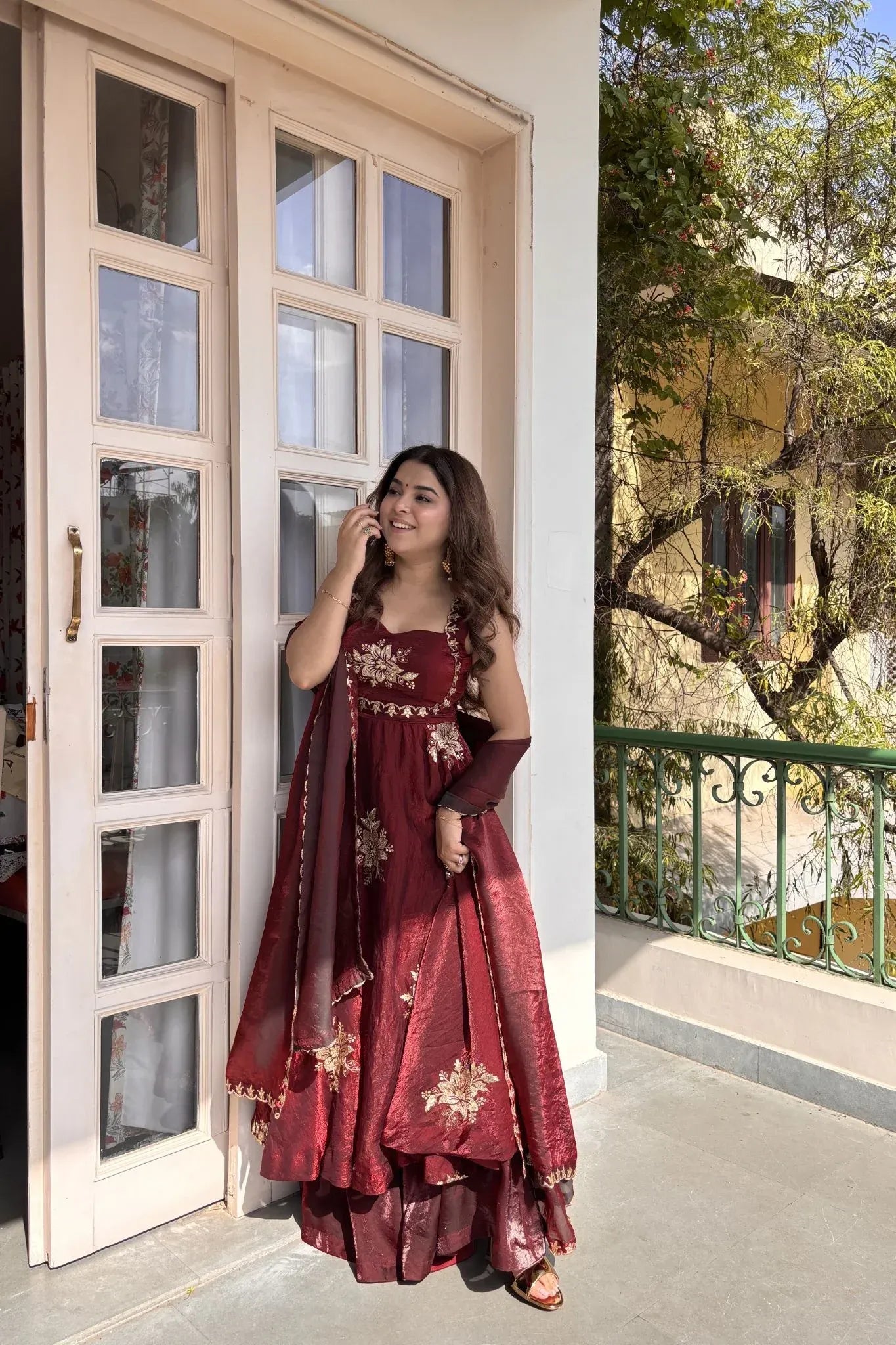 maroon fendy silk anarkali premium suit set