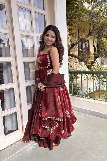 Maroon Fendy Silk Anarkali Premium Suit Set