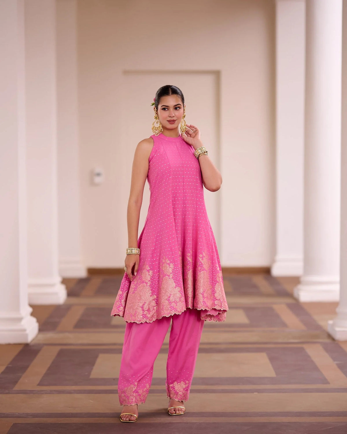 rani pink banarasi jacquard embroidered palazzo suit set with dupatta