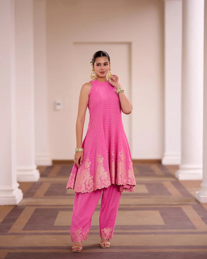 Rani Pink Banarasi Jacquard Embroidered Palazzo Suit Set with Dupatta