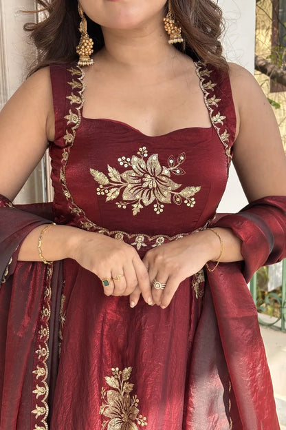 Maroon Fendy Silk Anarkali Premium Suit Set