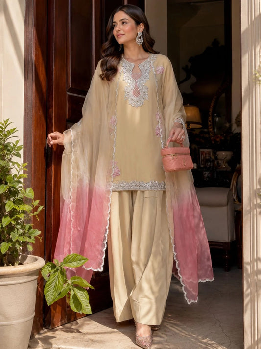 Cream Women s Heavy Rayon Kurti with Farshi Palazzo and Premium Tibby Silk Dupatta