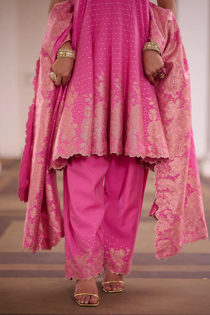 Rani Pink Banarasi Jacquard Embroidered Palazzo Suit Set with Dupatta