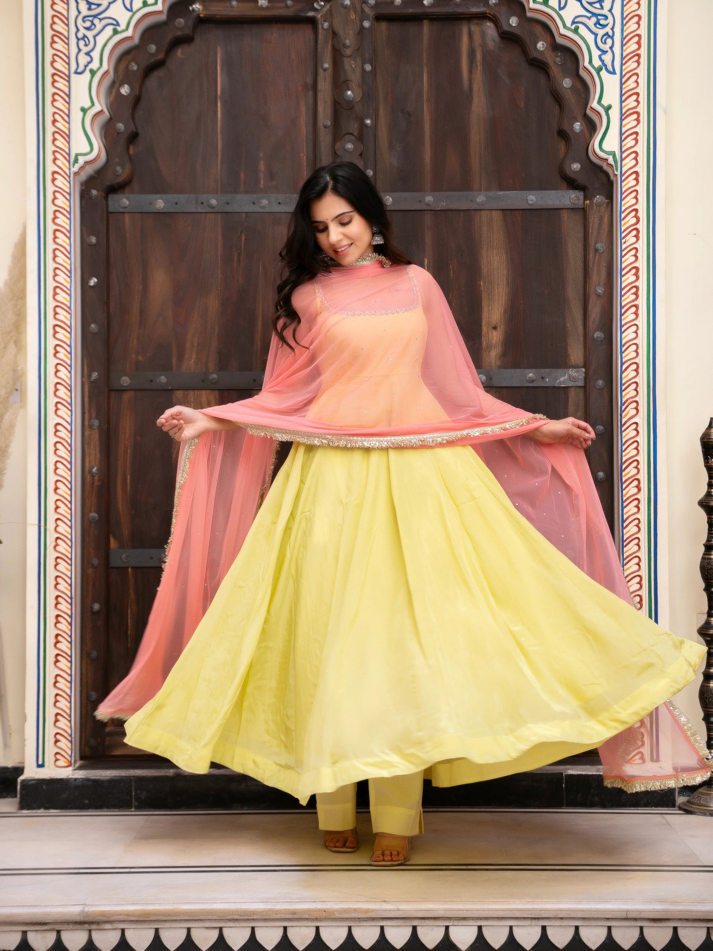 pastel green anarkali dress with pink organza dupatta for women