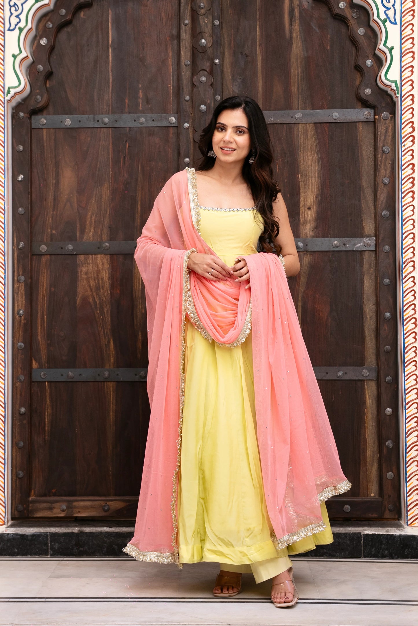 pastel green anarkali dress with pink organza dupatta for women