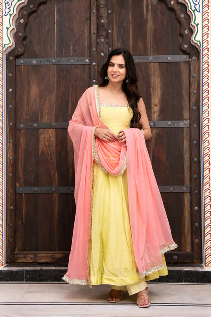 Pastel Green Anarkali Dress with Pink Organza Dupatta for Women