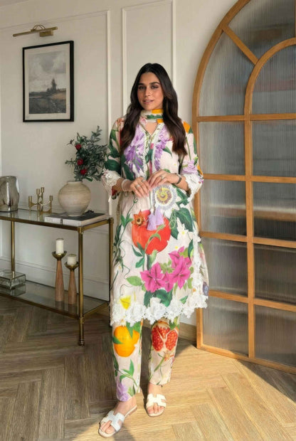 Botanical Bloom Cotton Suit Set with Dupatta – 3 Pcs