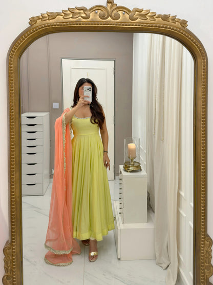 Pastel Green Anarkali Dress with Pink Organza Dupatta for Women