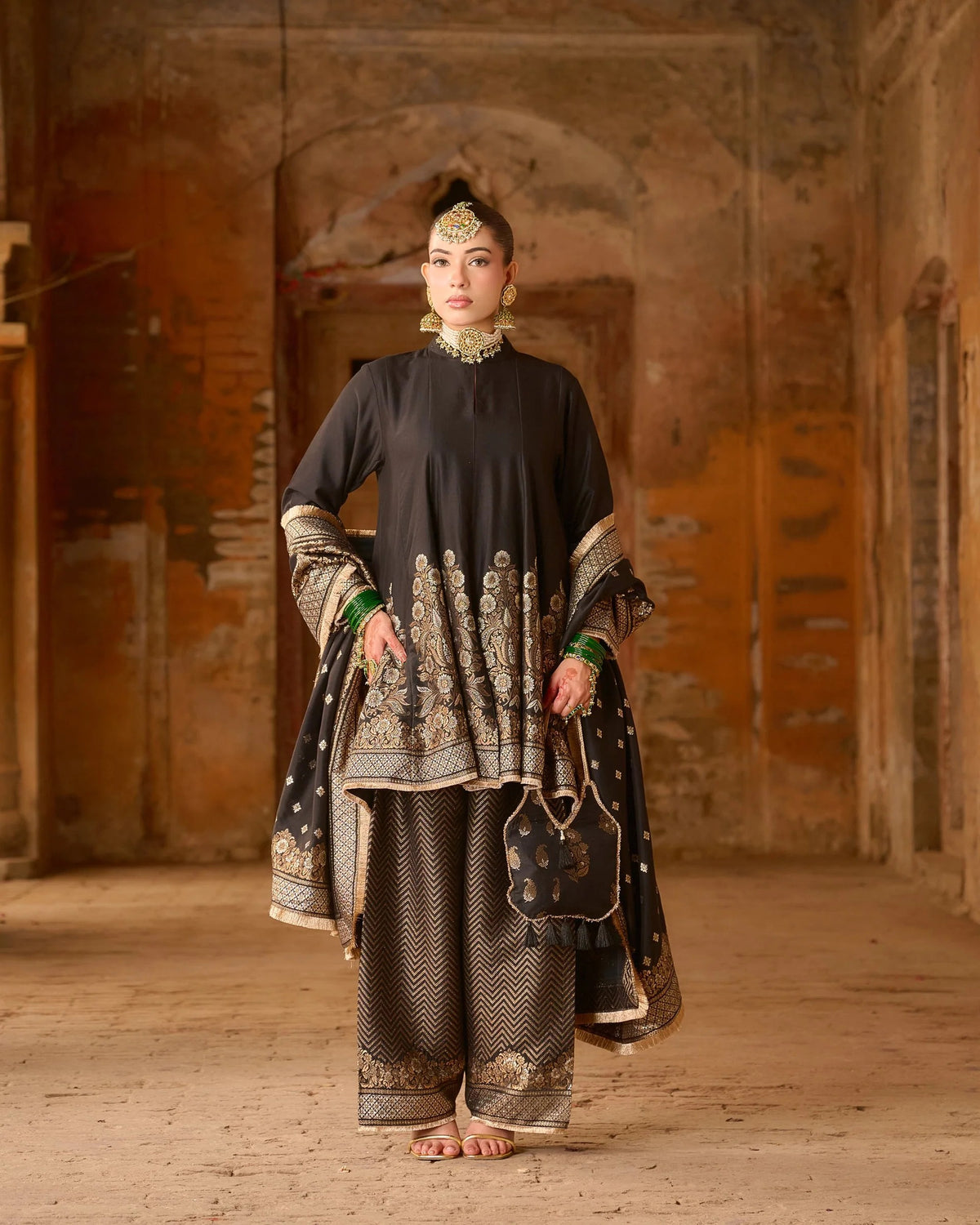 regal black zari jacquard kurta plazza set with dupatta