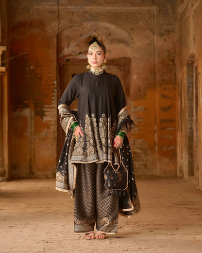 Regal Black Zari Jacquard Kurta Plazza Set with Dupatta