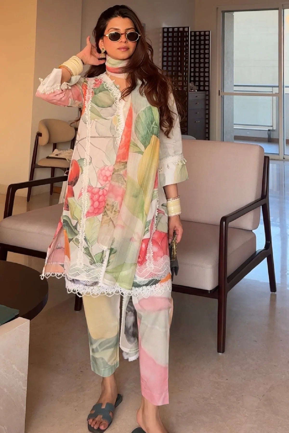 luxury fruit orchard floral print cotton suit set for women