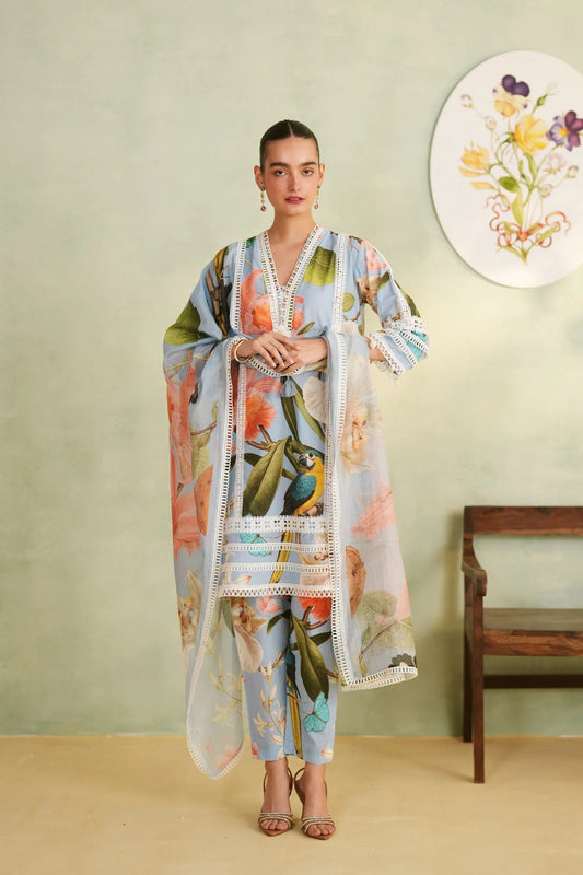 Tropical Bloom Bird Print Cotton Kurta Pant Dupatta Set