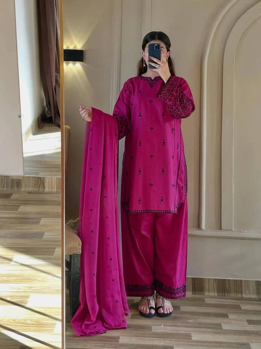 Stylish Rani Pink Rayon Cotton Embroidered Kurti Set with Farshi Pant and Nazmin Dupatta