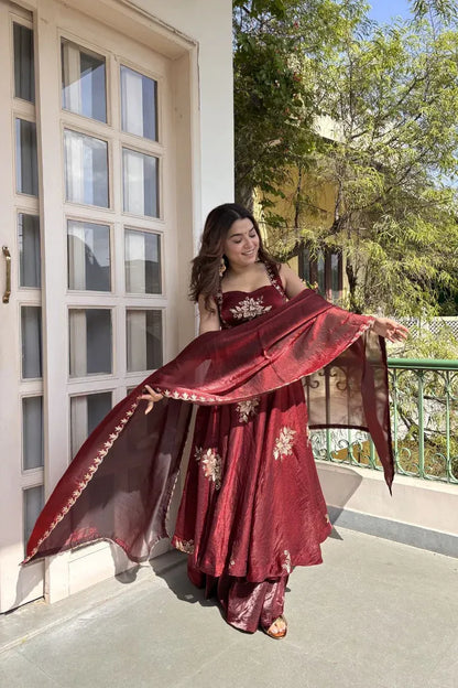 Maroon Fendy Silk Anarkali Premium Suit Set