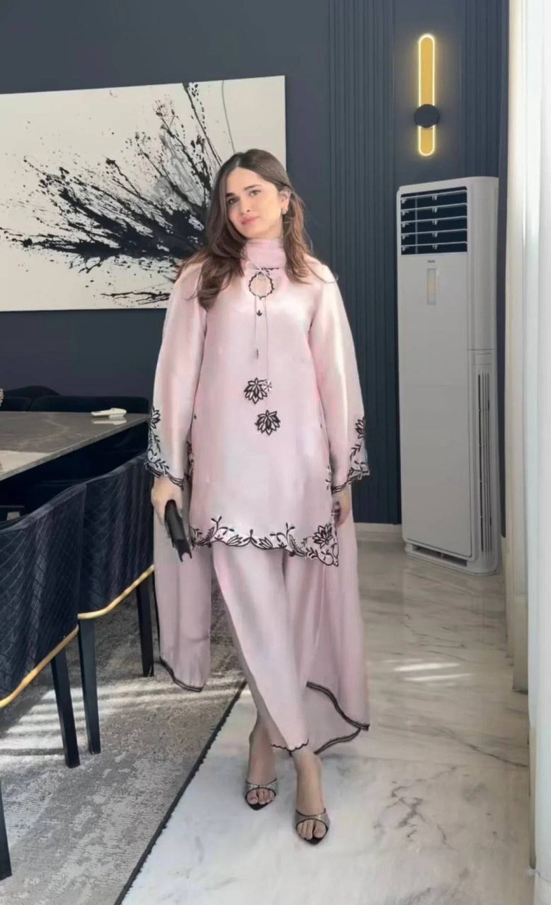 hot selling pastel pink designer natural crep silk farshi pant suit with dagha embroidery lace border and georgette dupatta