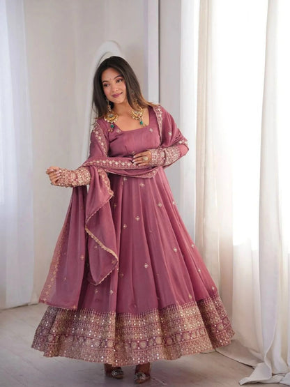 Innovative Dusty Pink Rangoli Crush Silk Anarkali Gown Set with Embroidered Dupatta