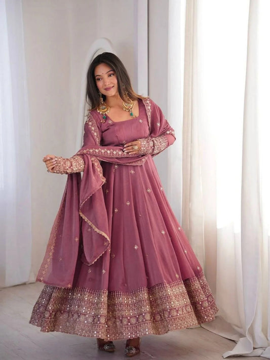 Innovative Dusty Pink Rangoli Crush Silk Anarkali Gown Set with Embroidered Dupatta