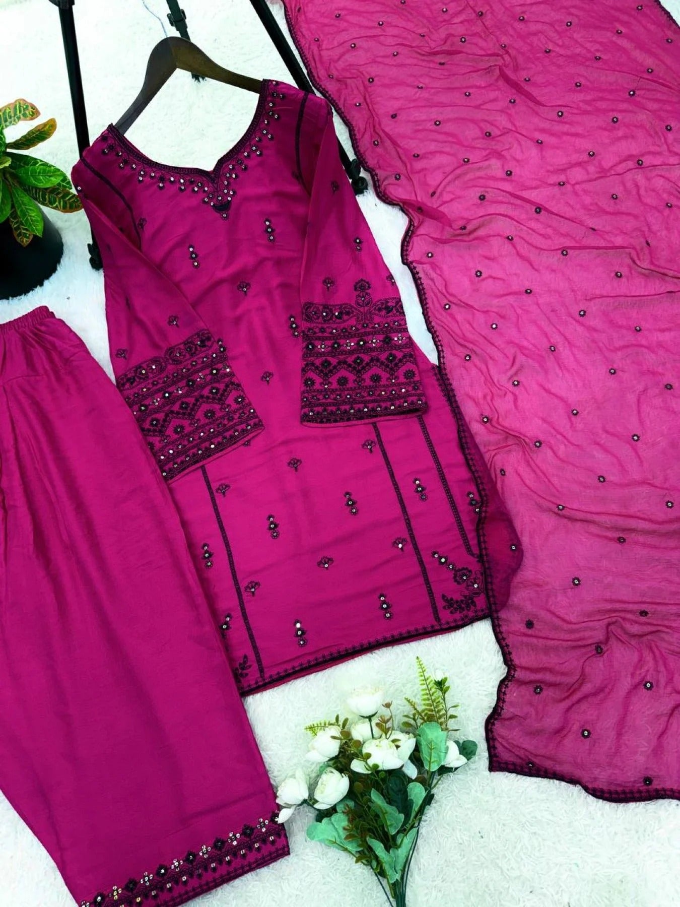 stylish rani pink rayon cotton embroidered kurti set with farshi pant and nazmin dupatta