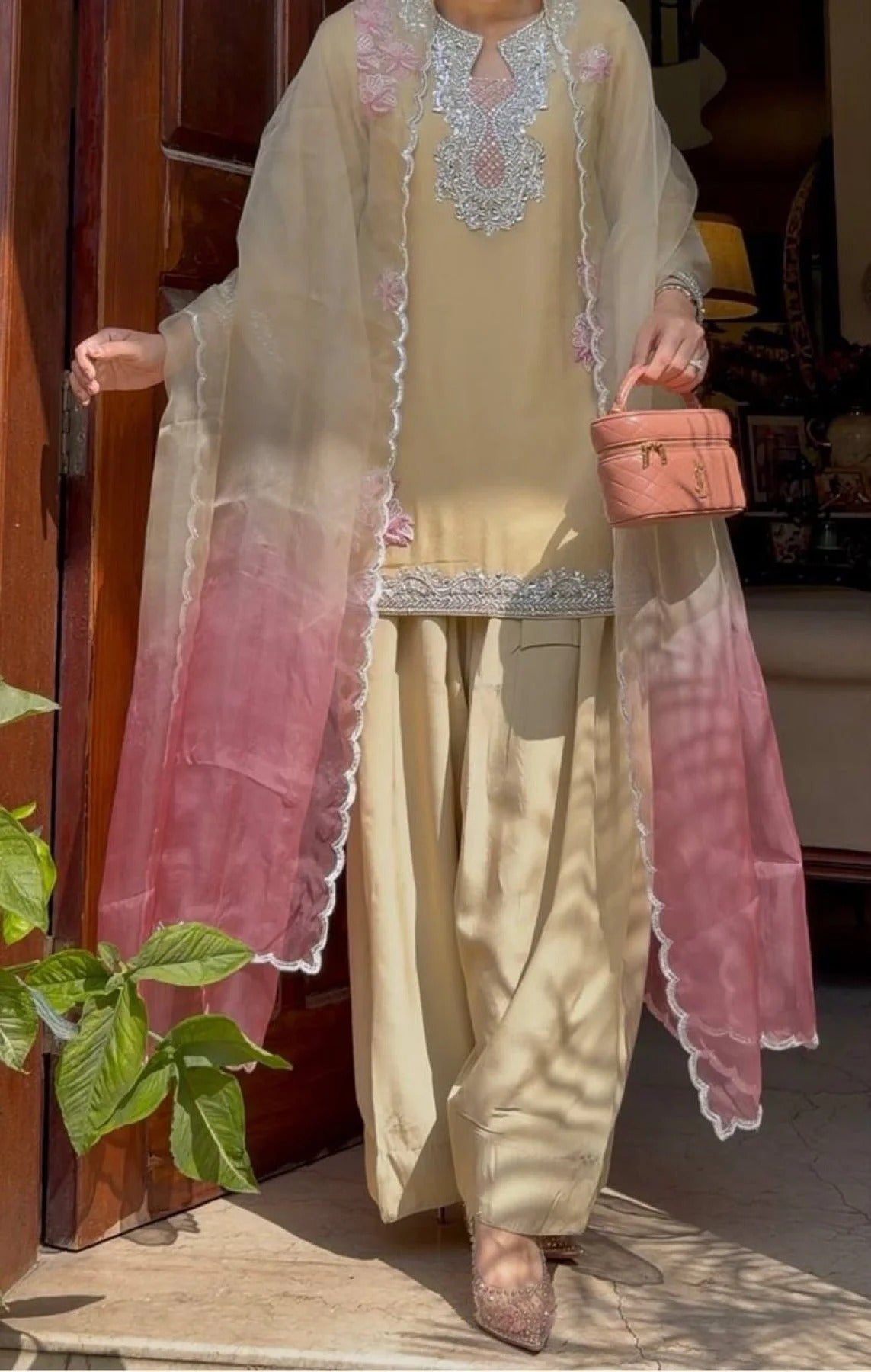 cream women s heavy rayon kurti with farshi palazzo and premium tibby silk dupatta