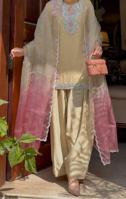 Cream Women s Heavy Rayon Kurti with Farshi Palazzo and Premium Tibby Silk Dupatta