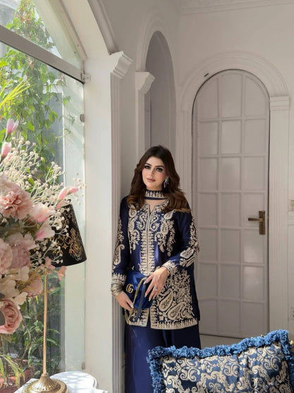 Efficient Blue Rangoli Silk Kurti Set with Zari Embroidery Work