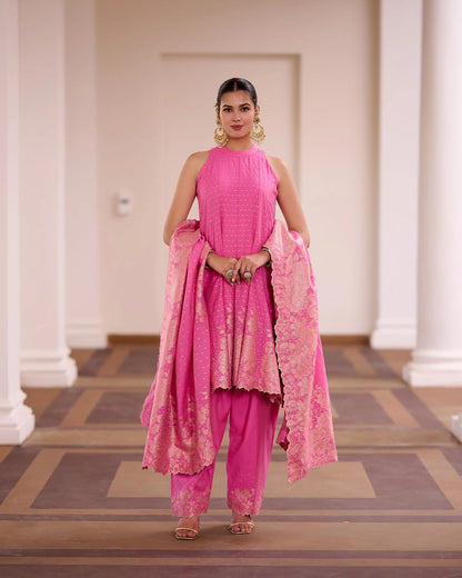 Rani Pink Banarasi Jacquard Embroidered Palazzo Suit Set with Dupatta