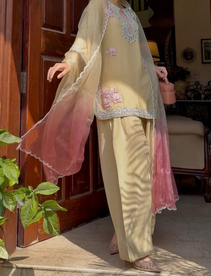 Cream Women s Heavy Rayon Kurti with Farshi Palazzo and Premium Tibby Silk Dupatta