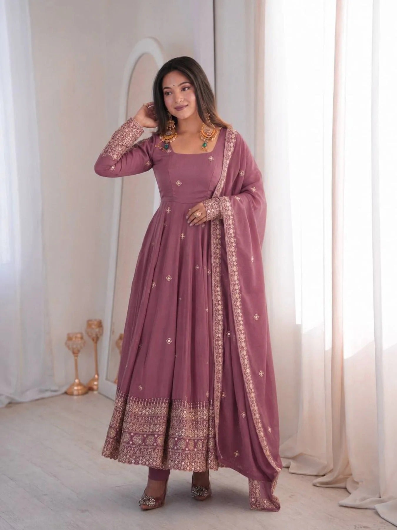 innovative dusty pink rangoli crush silk anarkali gown set with embroidered dupatta