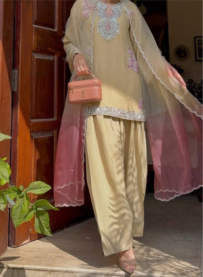 Cream Women s Heavy Rayon Kurti with Farshi Palazzo and Premium Tibby Silk Dupatta
