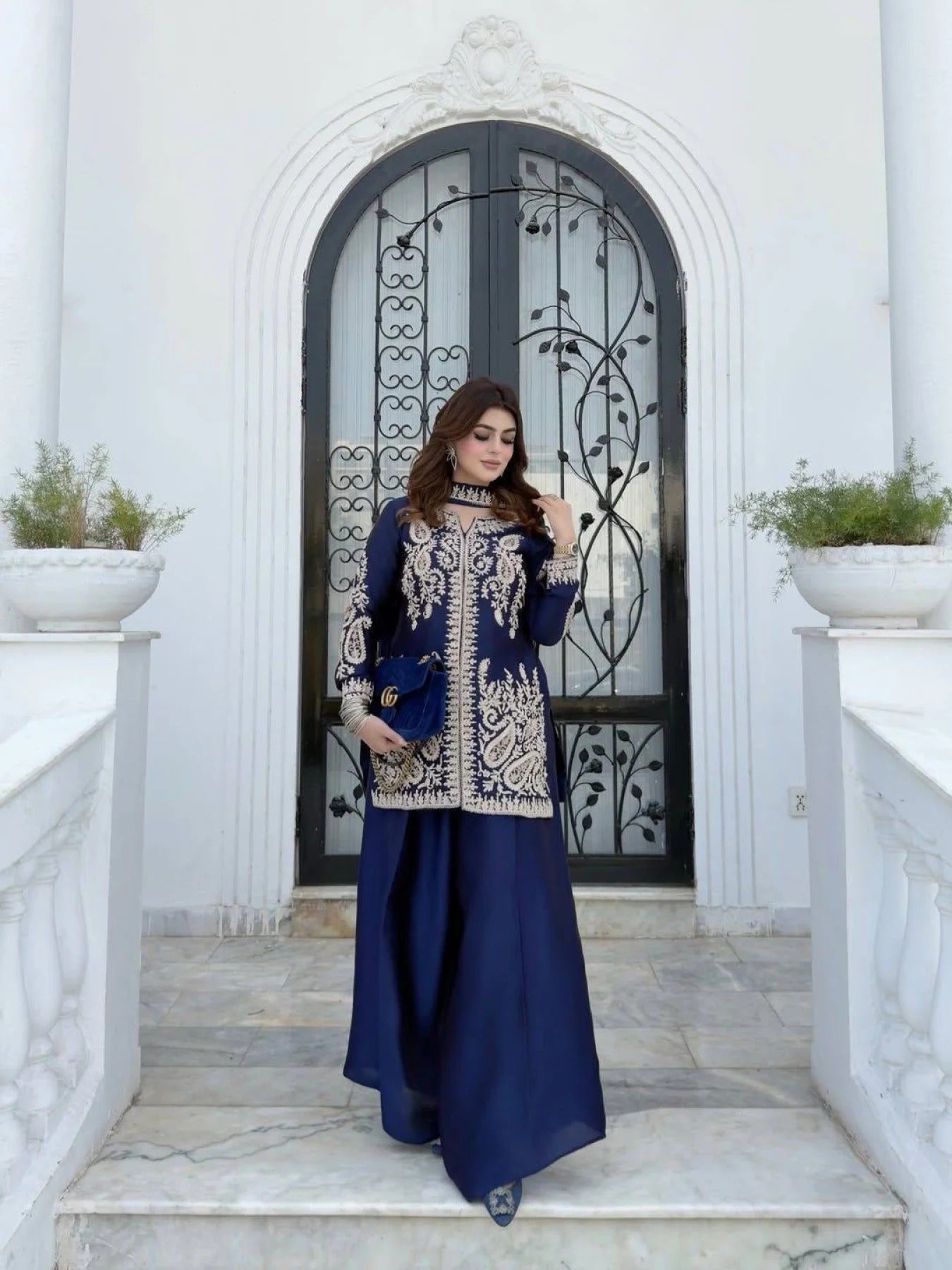 efficient blue rangoli silk kurti set with zari embroidery work