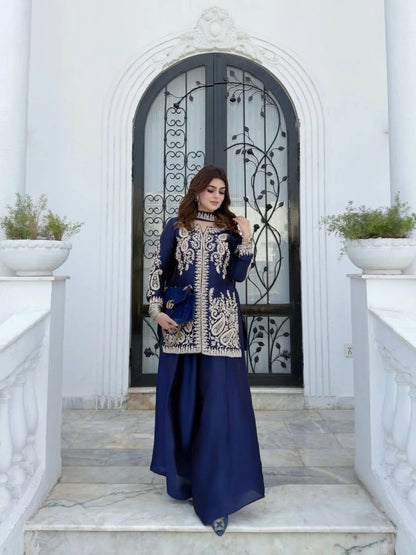 Efficient Blue Rangoli Silk Kurti Set with Zari Embroidery Work