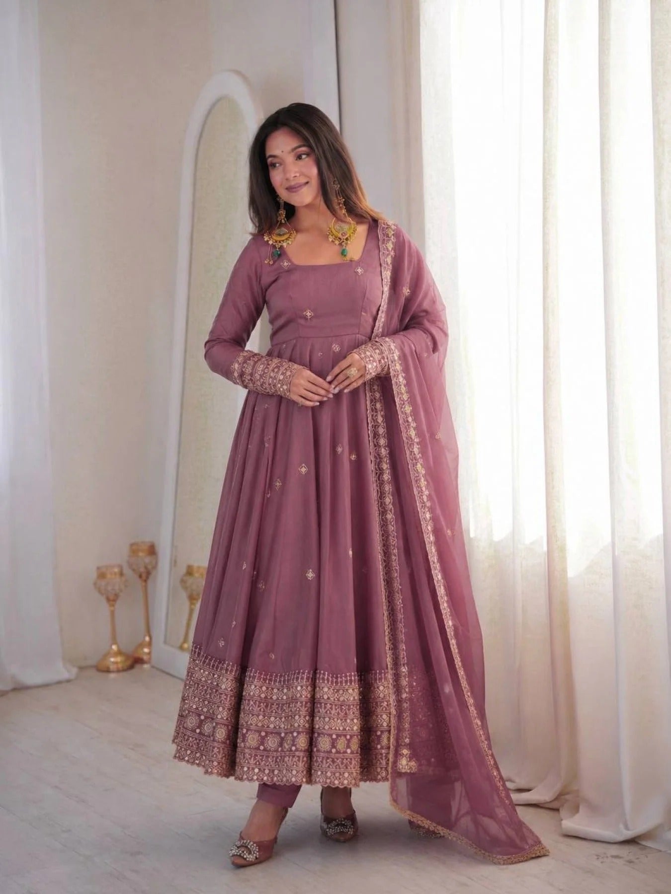 innovative dusty pink rangoli crush silk anarkali gown set with embroidered dupatta