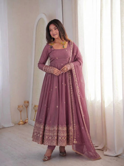 Innovative Dusty Pink Rangoli Crush Silk Anarkali Gown Set with Embroidered Dupatta