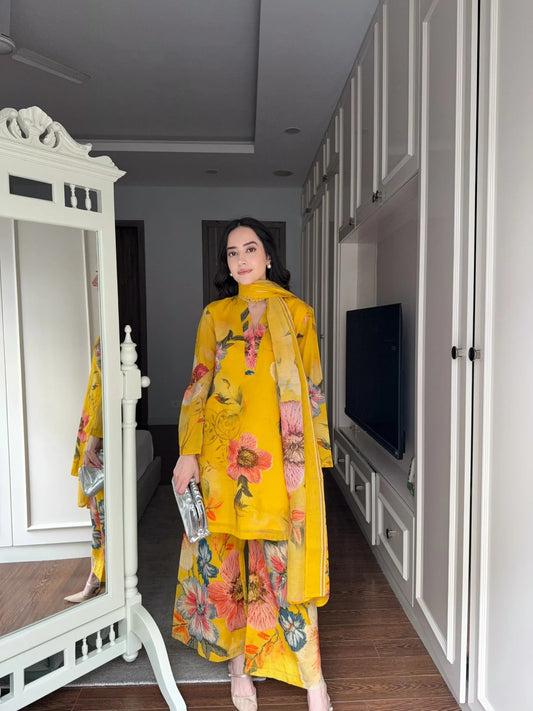 Premium yellow  Floral Printed Kurta Palazzo Set with Dupatta