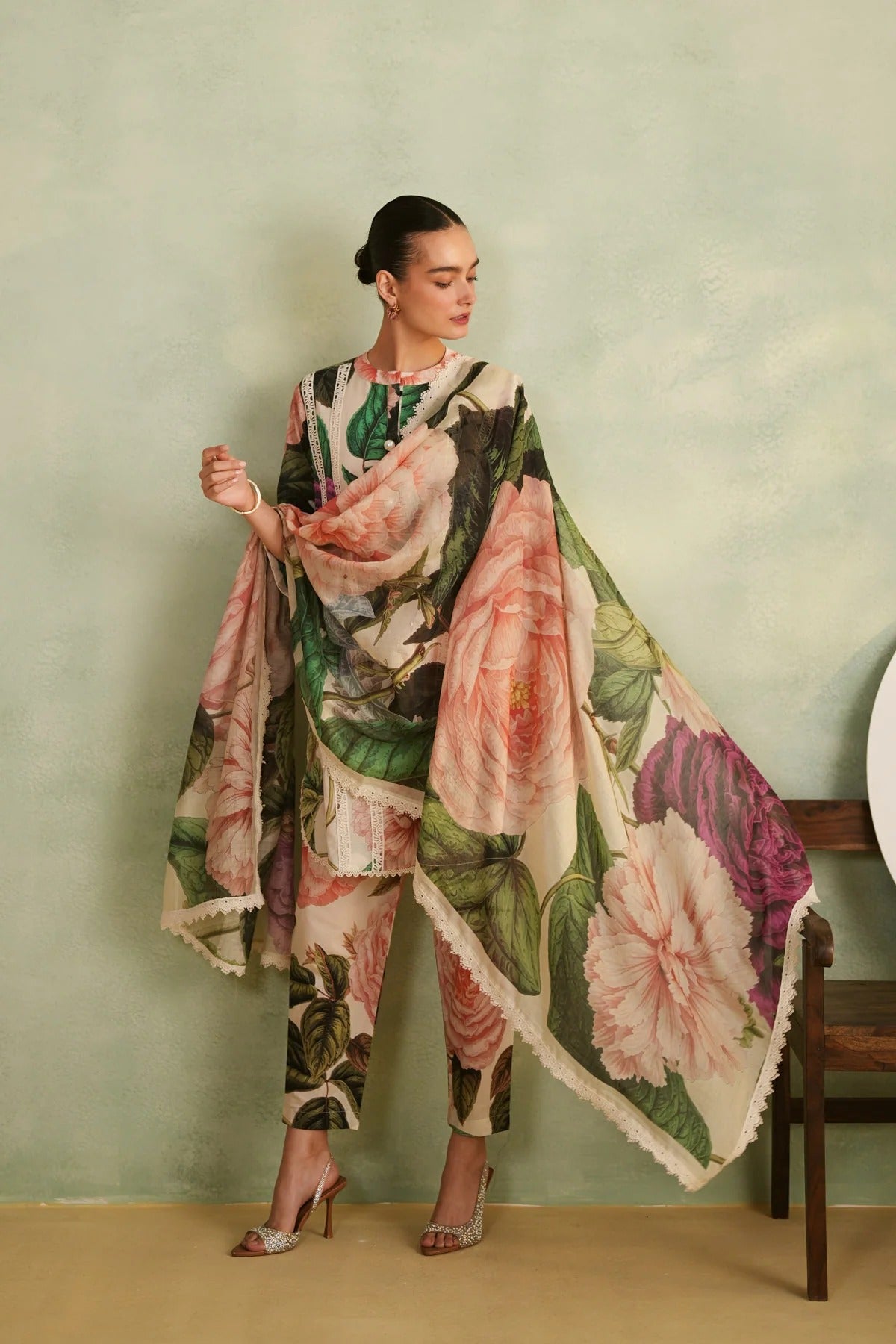 premium botanical rose garden print kurta pant with dupatta set
