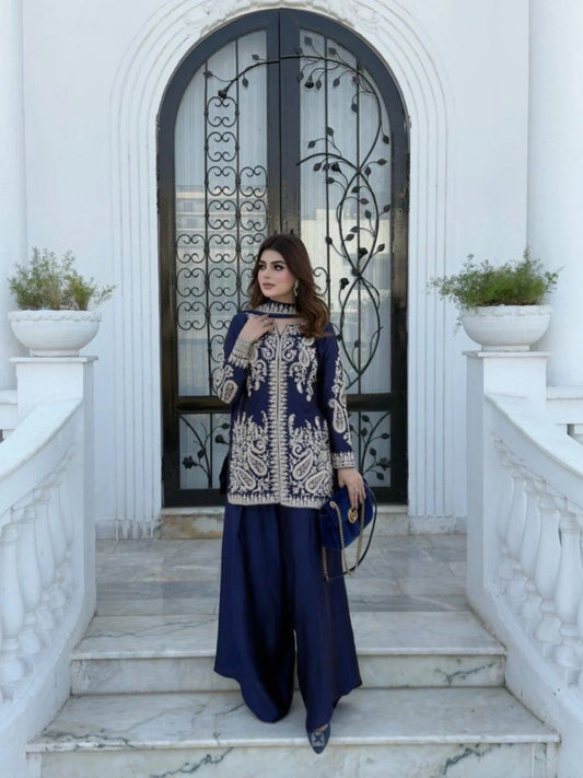 Efficient Blue Rangoli Silk Kurti Set with Zari Embroidery Work