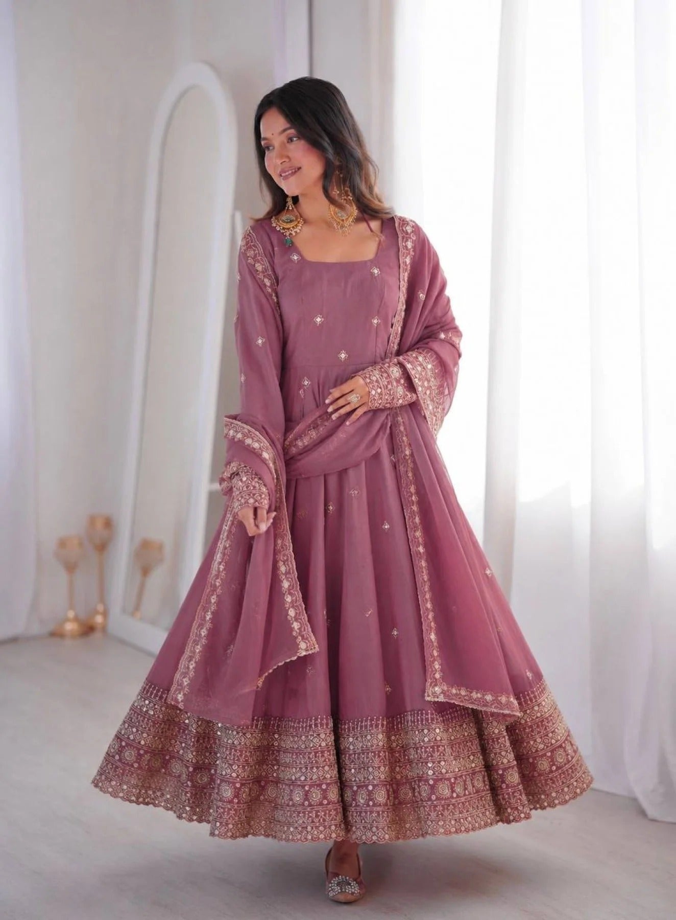 innovative dusty pink rangoli crush silk anarkali gown set with embroidered dupatta